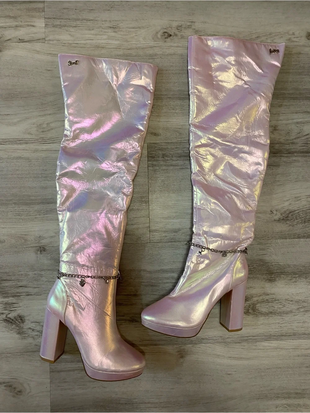 Sparkl Fairy Couture Iridescent Pink Knee-High Block Heel Boots NWT
